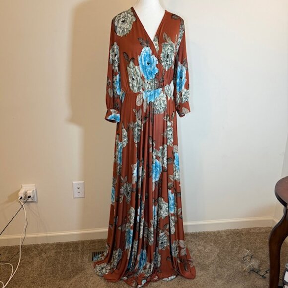 BURU Long Sleeve Brown Floral Maxi Shirt Dress Boho Prairie Flowy Size Large - Picture 1 of 9